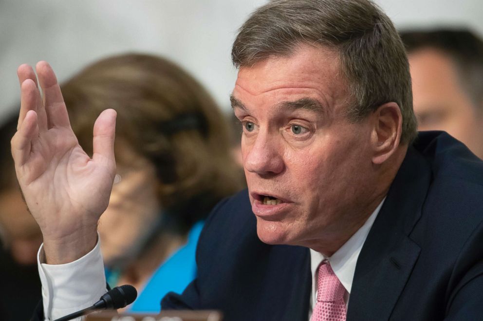 PHOTO: Sen. Mark Warner asks questions during a hearing on Capitol Hill in Washington, D.C., July 25, 2018.