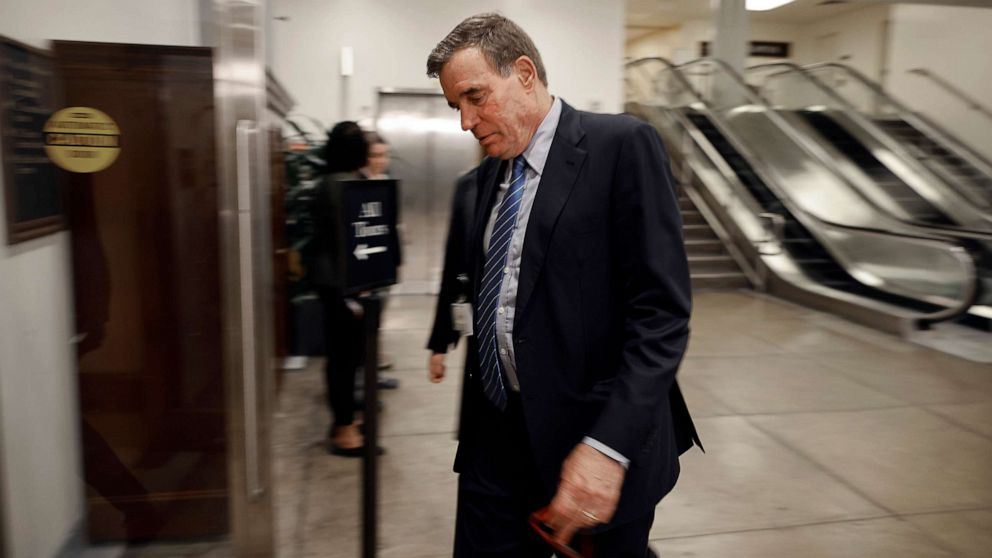 PHOTO: Senate Intelligence Committee Co-Chair Mark Warner heads for a closed-door briefing at the U.S. Capitol Visitors Center on April 19, 2023, in Washington, D.C.