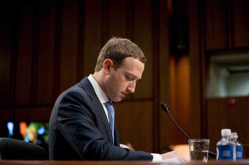 PHOTO: Facebook CEO Mark Zuckerberg pauses while testifying before a joint hearing of the Commerce and Judiciary Committees on Capitol Hill in Washington, April 10, 2018.