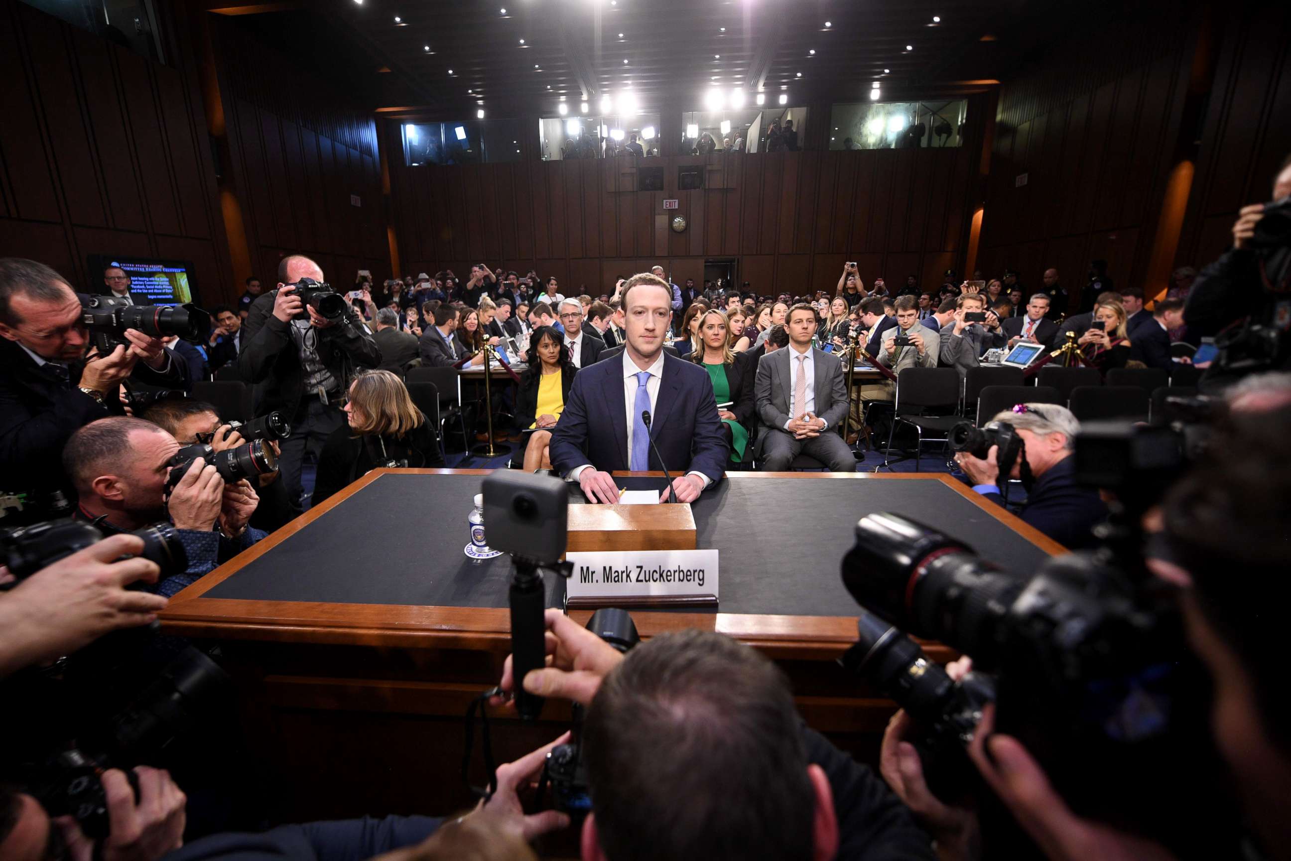 PHOTO: Facebook CEO Mark Zuckerberg arrives to testify before a joint hearing of the US Senate Commerce, Science and Transportation Committee and Senate Judiciary Committee on Capitol Hill, April 10, 2018 in Washington.