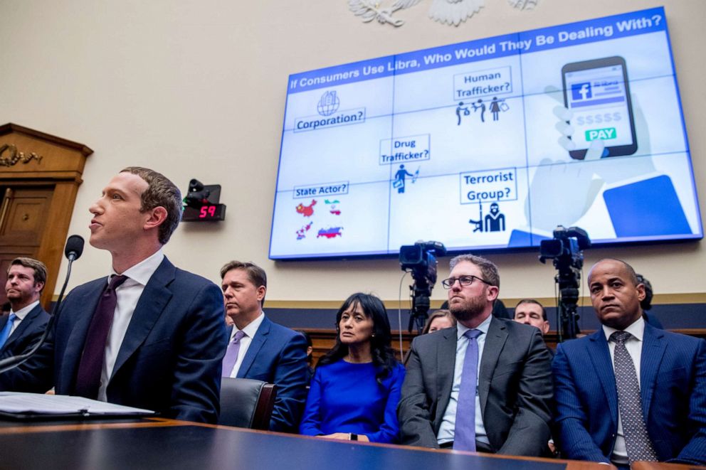 PHOTO: A graphic is displayed on a monitor behind Facebook CEO Mark Zuckerberg as he testifies before a House Financial Services Committee hearing on Capitol Hill in Washington, Oct. 23, 2019.