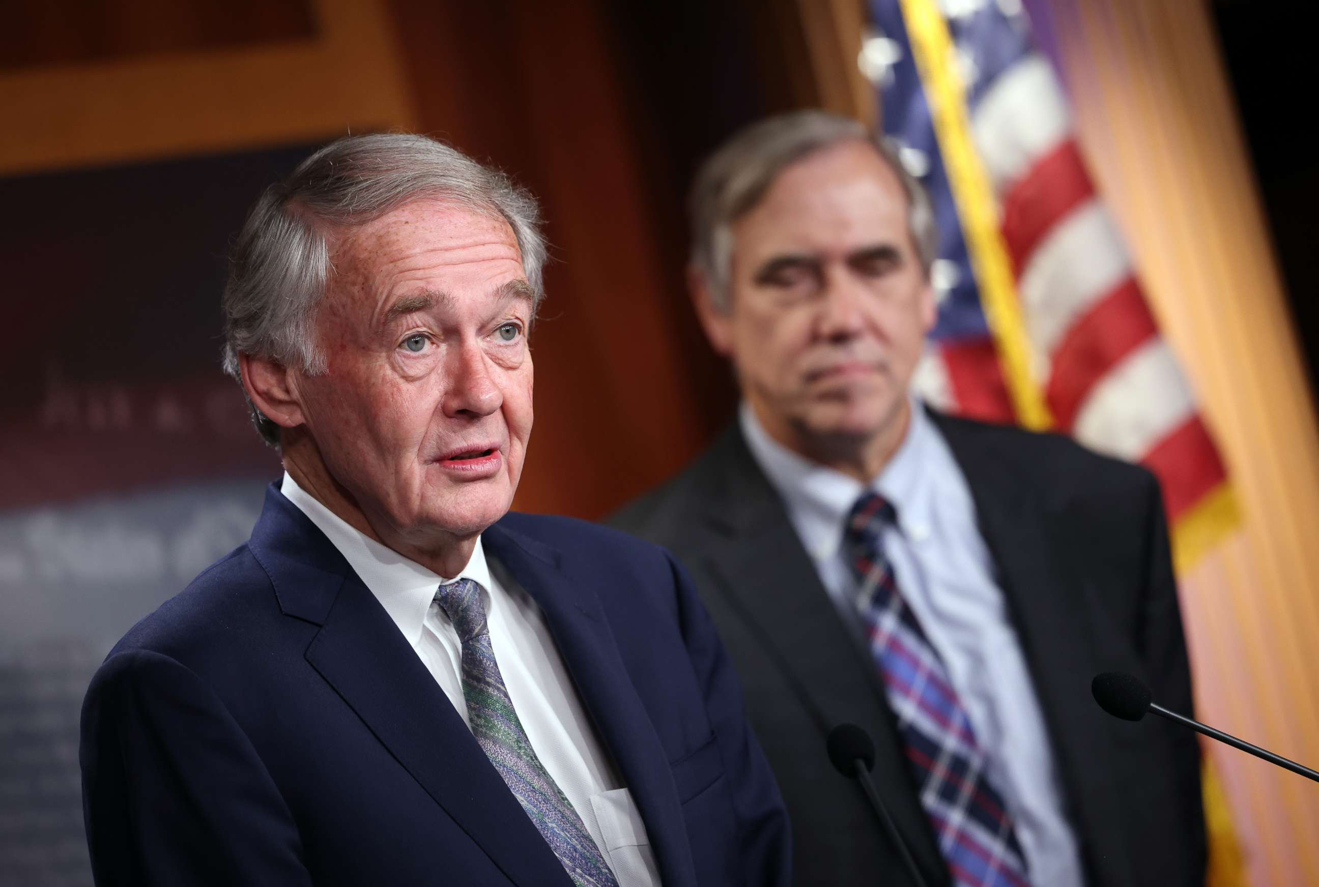 PHOTO: Sen. Ed Markey and Sen. Jeff Merkley speak on infrastructure and climate protection at the Capitol, June 15, 2021, in Washington, DC.