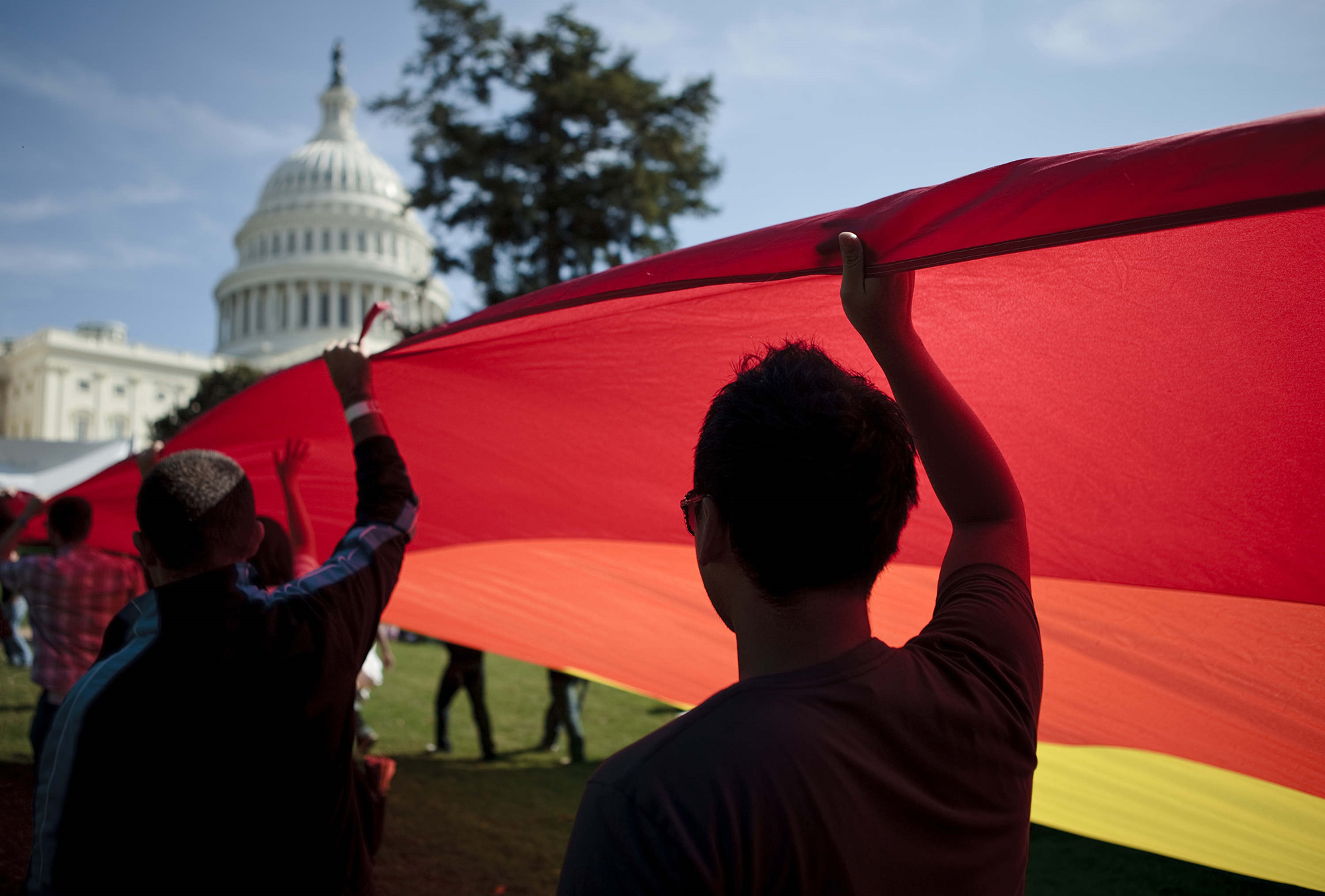 PHOTO: Activists carry a rainbow flag on the West Lawn of the US Capitol Building during a protest Oct. 11, 2009.  