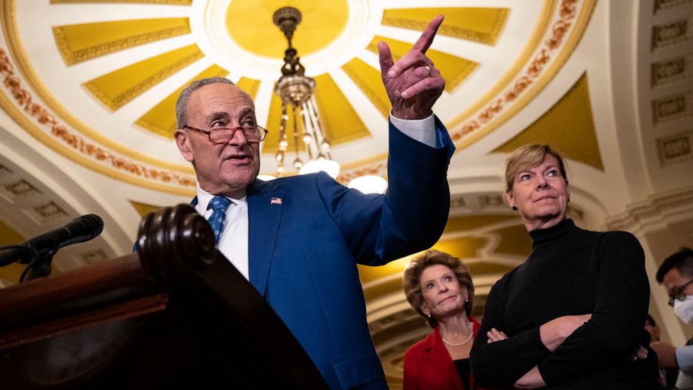 PHOTO: Senate Majority Leader Chuck Schumer speaks to reporters after a meeting with Senate Democrats in the U.S. Capitol November 15, 2022.