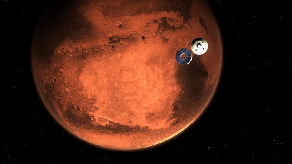 PHOTO: This illustration shows NASA’s Perseverance rover casting off its spacecraft’s cruise stage, minutes before entering the Martian atmosphere, Feb. 18, 2021.