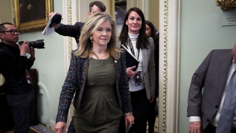 PHOTO: Sen. Marsha Blackburn walks past reporters as she arrives for the weekly Senate Republican policy luncheon at the U.S. Capitol, Jan. 21, 2020 in Washington, D.C.