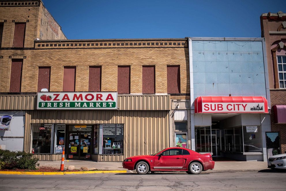 PHOTO: Zamora Fresh Market in Marshalltown, Iowa, Aug. 7, 2019, was damaged after a tornado hit downtown in 2018 and forced many businesses to close or rebuild.