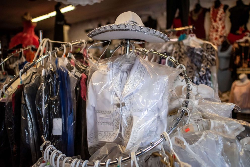 PHOTO: A mariachi outfit for a boy sits on display at Novedades Islas Fashion in Marshalltown, Iowa on Aug. 7, 2019.