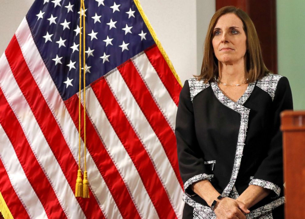 PHOTO: Rep. Martha McSally waits to speak during a news conference, Dec. 18, 2018, at the Capitol in Phoenix.