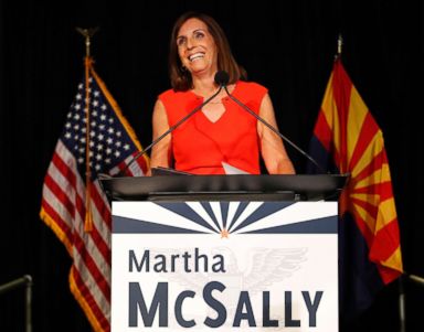 PHOTO: Rep. Martha McSally, a senatorial candidate, celebrates her primary election victory, Aug. 28, 2018, in Tempe, Ariz.