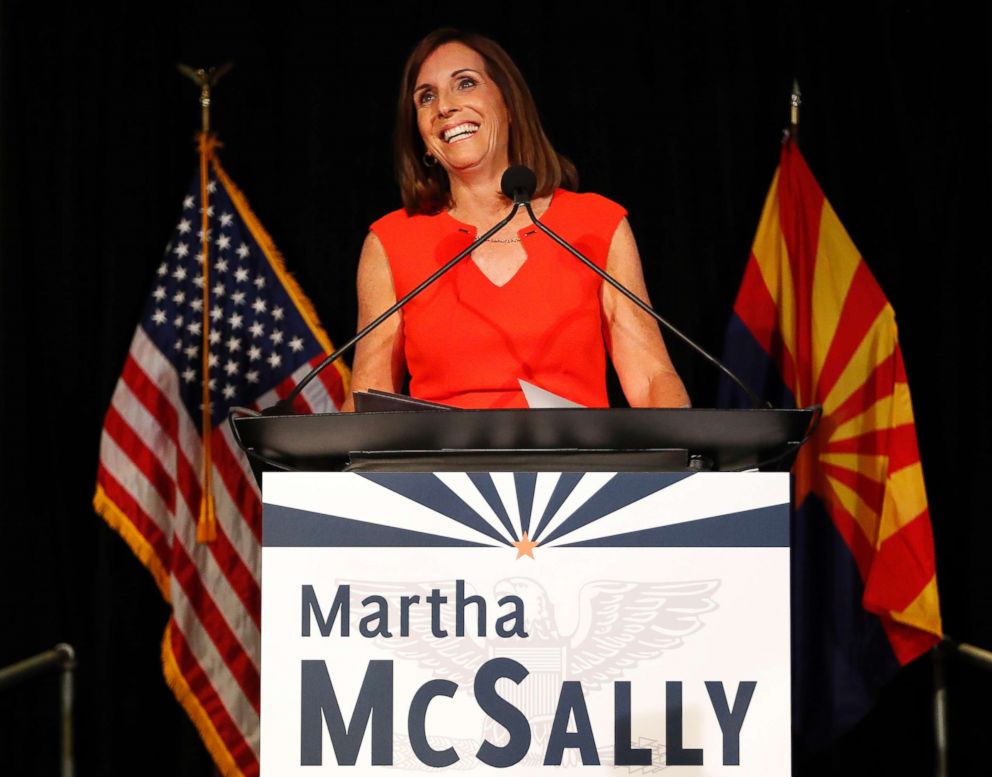 PHOTO: Rep. Martha McSally, a senatorial candidate, celebrates her primary election victory, Aug. 28, 2018, in Tempe, Ariz.