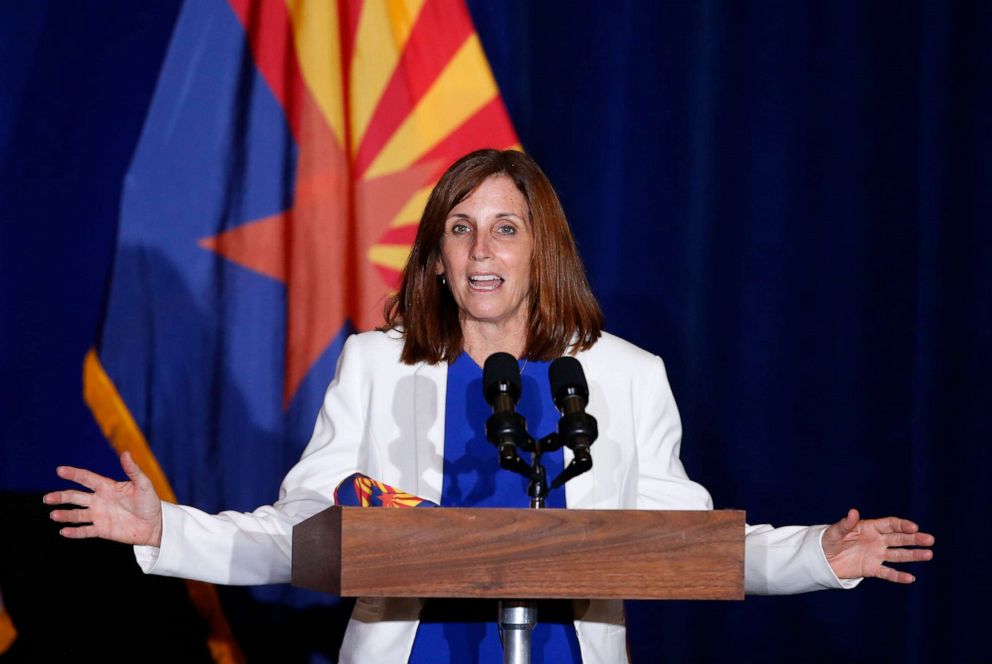 PHOTO: Sen. Martha McSally speaks prior to Vice President Mike Pence arriving to speak at the "Latter-Day Saints for Trump" coalition launch event, Aug. 11, 2020, in Mesa, Ariz.