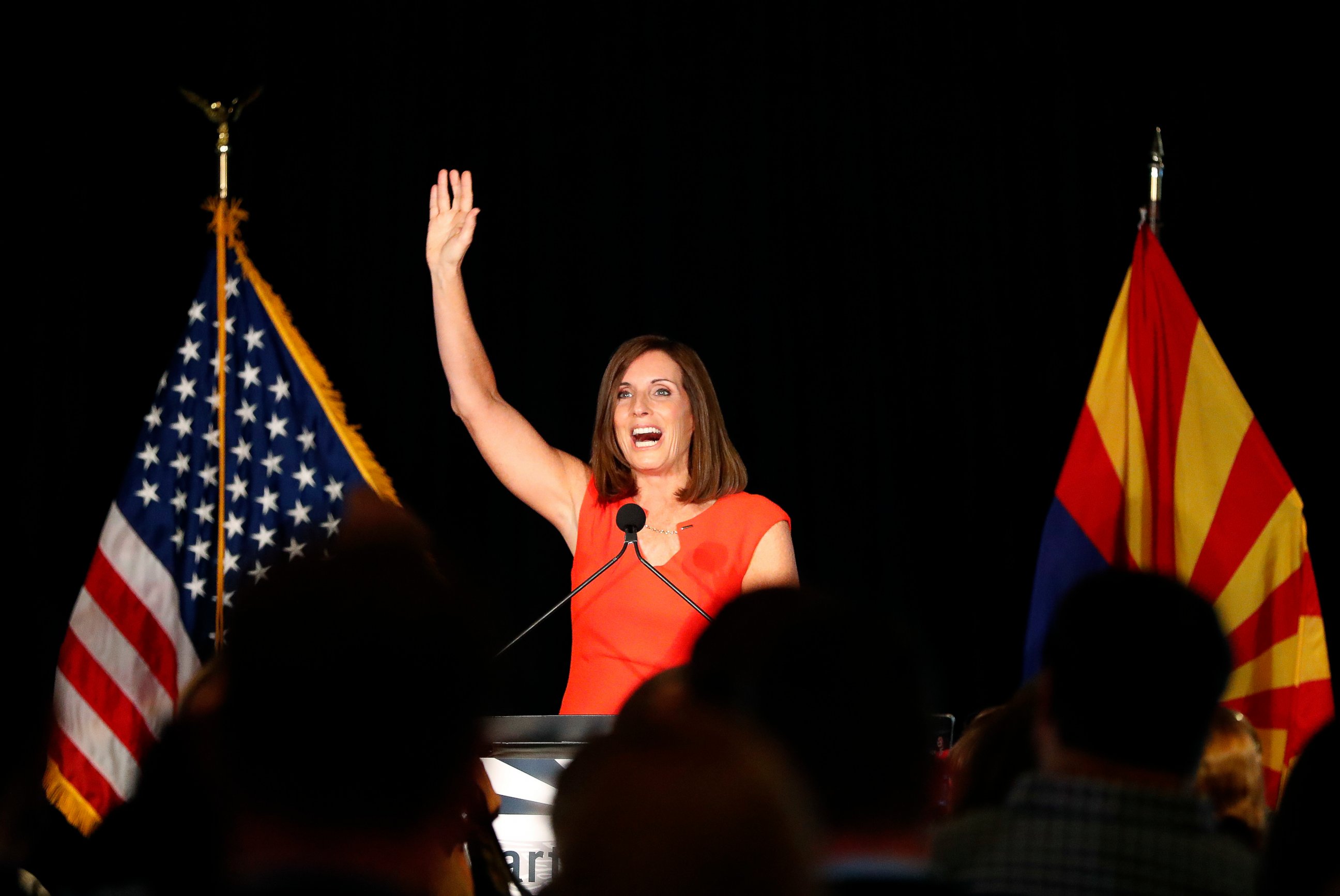 U.S. Senate candidate and U.S. Rep. Martha McSally, R-Ariz., speaks to supporters after her primary election victory, Tuesday, Aug. 28, 2018, in Tempe, Ariz. 