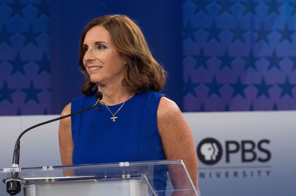 PHOTO: Republican Senate candidate Martha McSally prepares to debate Democratic Sentate candidate Kyrsten Sinema at the studios of the KAET public television station in Phoenix, Oct. 15, 2018. 