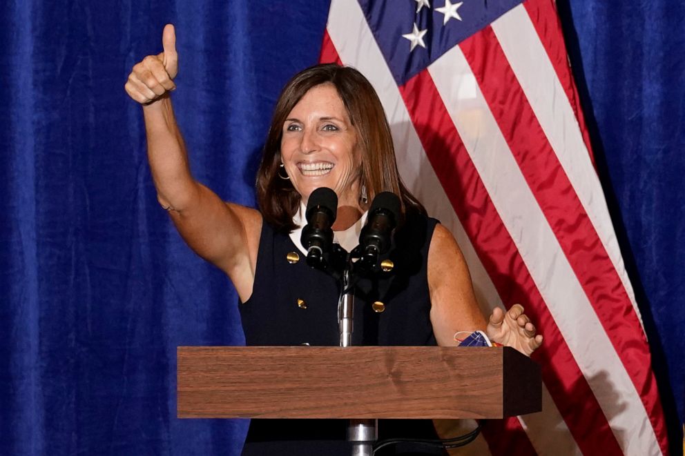 PHOTO: Sen. Martha McSally, R-Ariz., speaks at a Veterans for Trump campaign rally, Friday, Sept. 18, 2020, in Litchfield Park, Ariz.