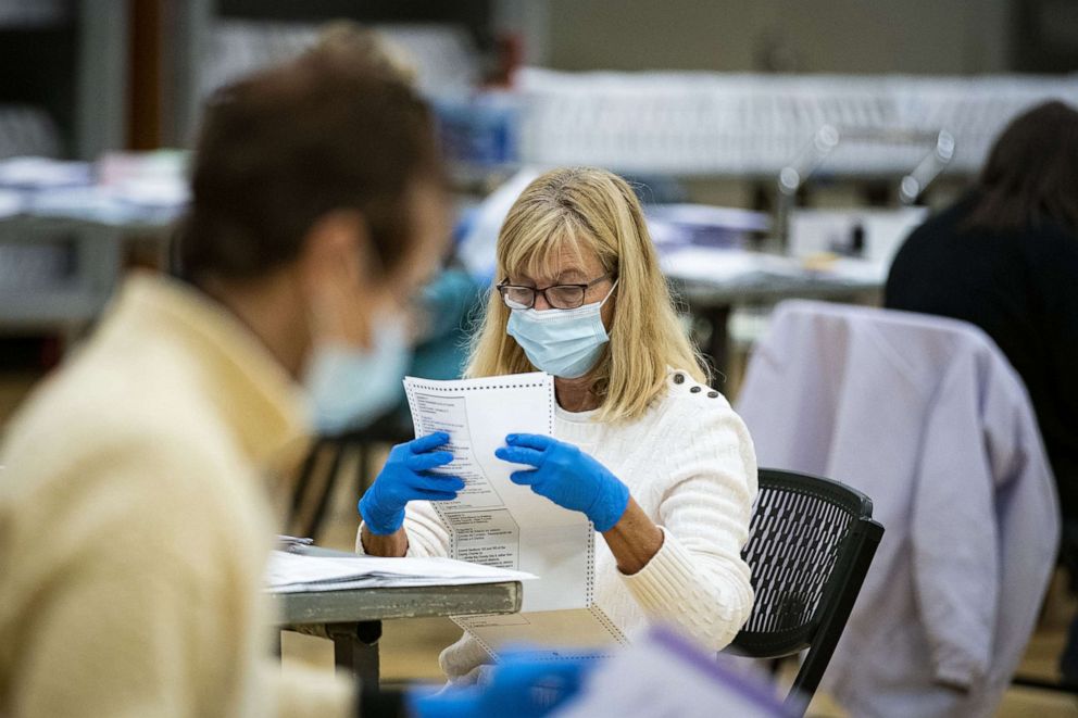 PHOTO: In this Oct. 20, 2020, file photo, an election judge wearing a protective mask prepares mail-in ballots to be scanned by the Montgomery County Board of Elections at a recreation center in Germantown, Md.