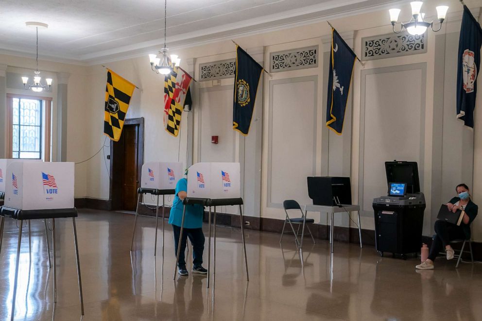 PHOTO: A voter casts their ballot at a polling place at the Baltimore War Memorial Building during the midterm primary election on July 19, 2022 in Baltimore, Maryland.