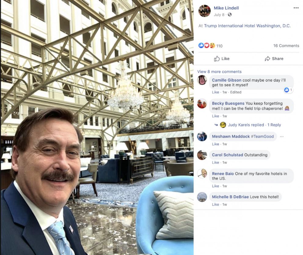 PHOTO: Prominent pro-Trump figures have shared images at Trump properties while not wearing a mask in public spaces, including My Pillow CEO Michael Lindell, who posted an image on Facebook July 7th without a face covering in the president’s D.C. hotel.