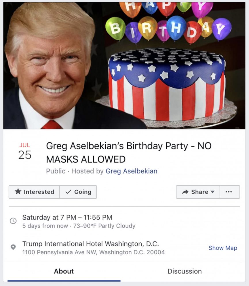 PHOTO: Greg Aselbekian, a frequent patron also has a "NO MASKS ALLOWED" birthday party set for the president's Washington D.C. hotel, according to a Facebook event page.