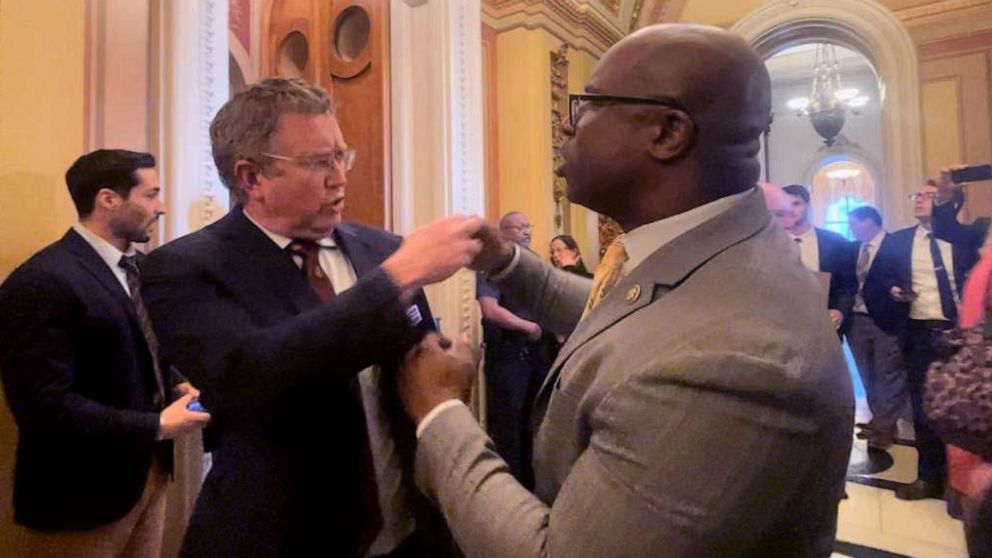 PHOTO: Reps. Thomas Massie, R-Ky., and Jamaal Bowman, D-N.Y., have a shouting match over gun violence outside the House chamber on Wednesday.