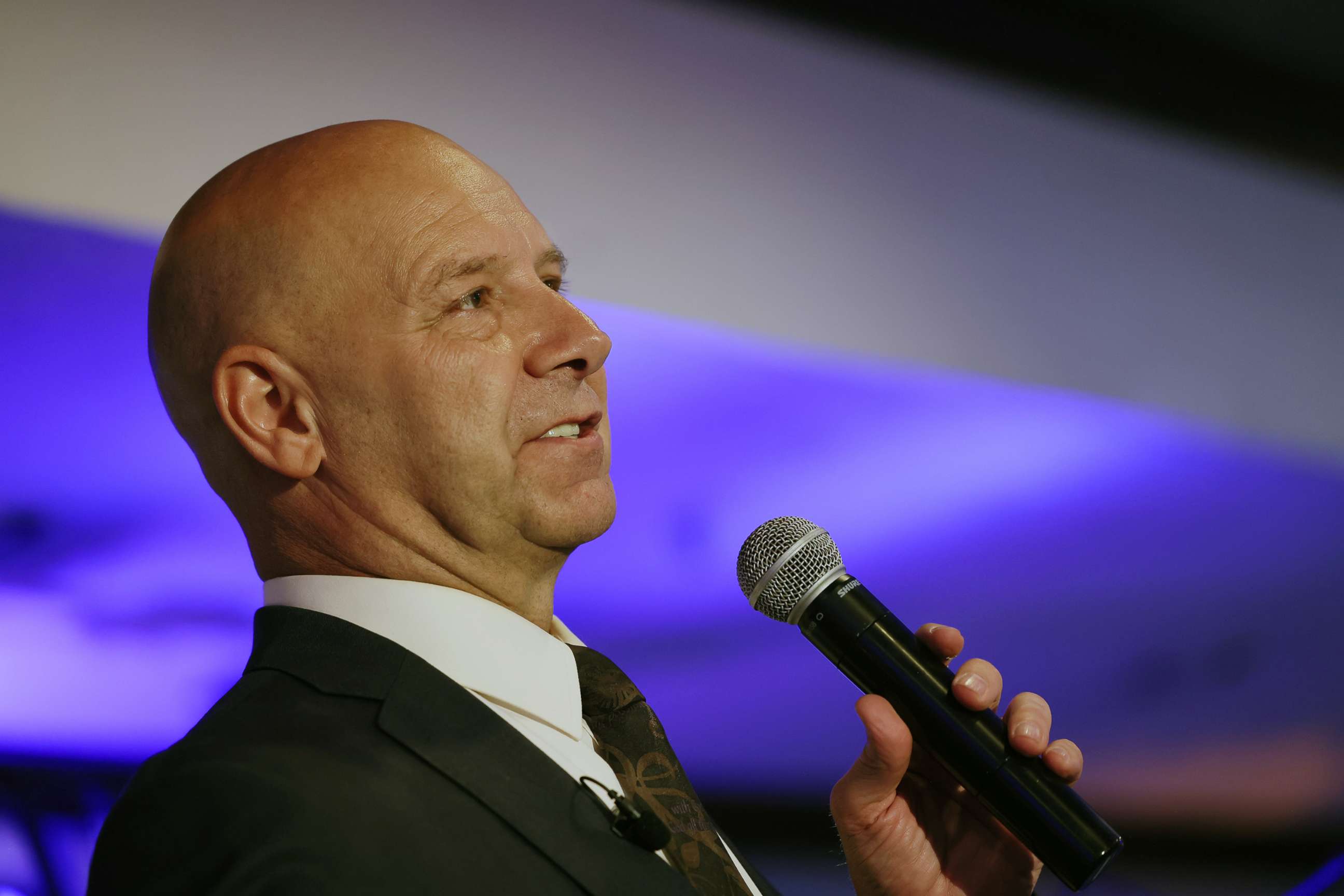 PHOTO: Doug Mastriano gives a victory speech at his election-night party at The Orchards on May 17, 2022 in Chambersburg, Penn.