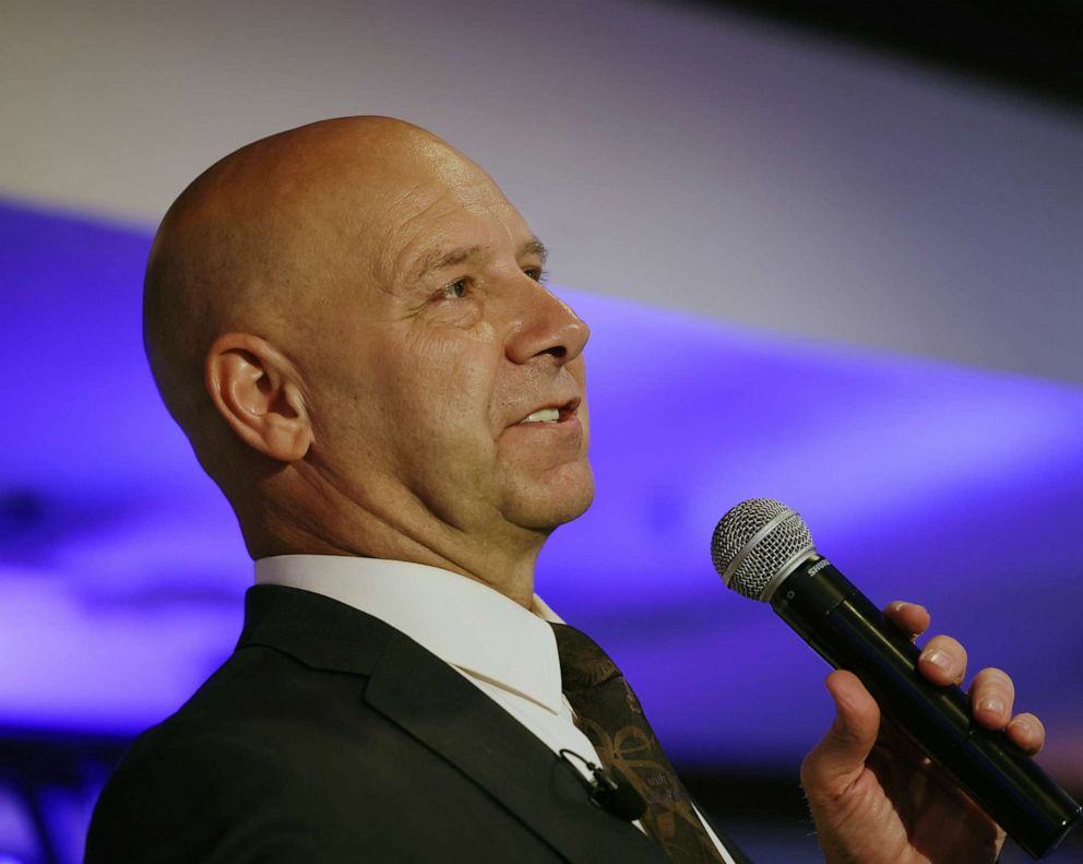 PHOTO: Doug Mastriano gives a victory speech at his election-night party at The Orchards on May 17, 2022 in Chambersburg, Penn.