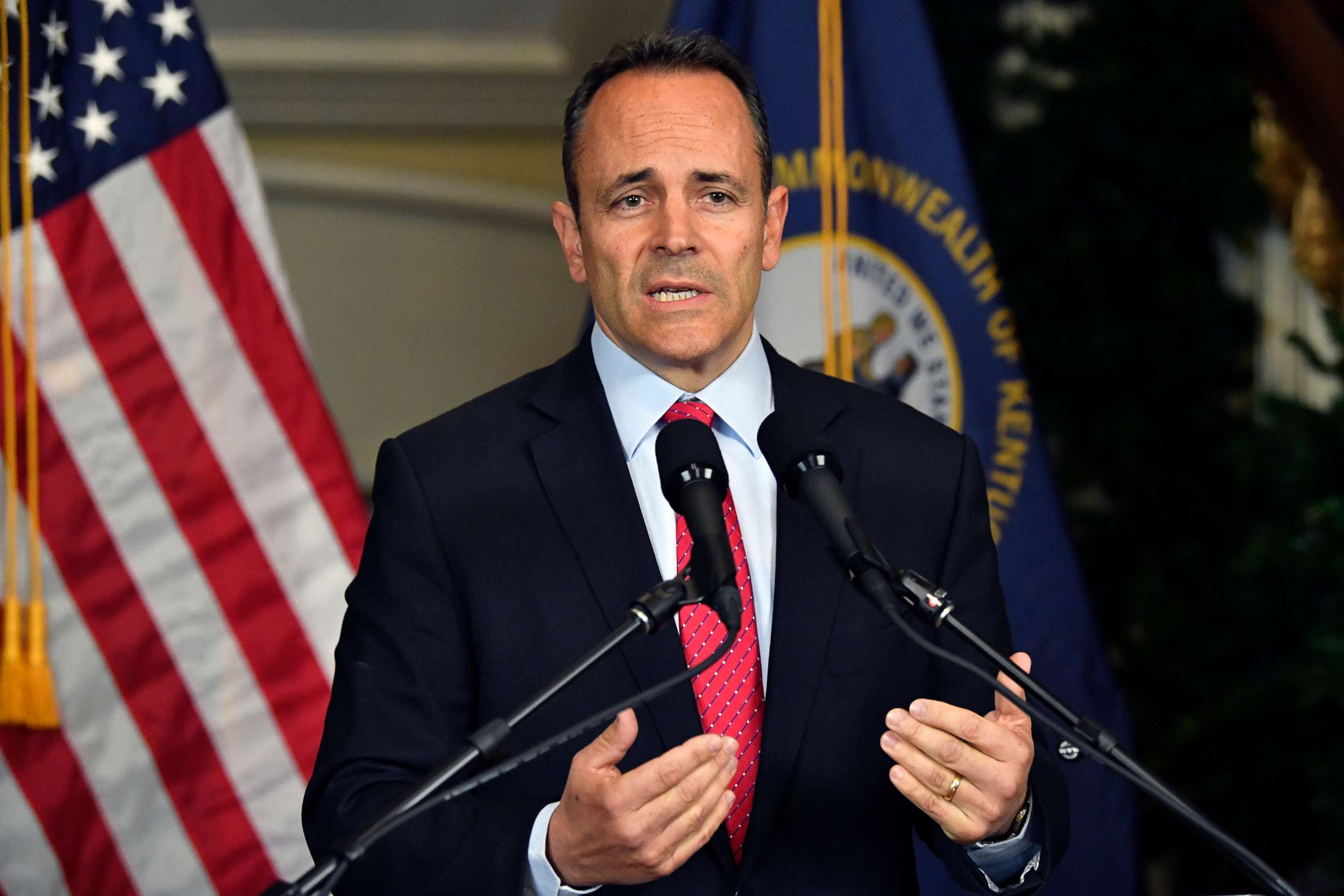 PHOTO: Kentucky Governor Matt Bevin announces his intent to call for a recanvass of the voting results from the gubernatorial elections during a press conference at the Governor's Mansion in Frankfort, Ky., Nov. 6, 2019.