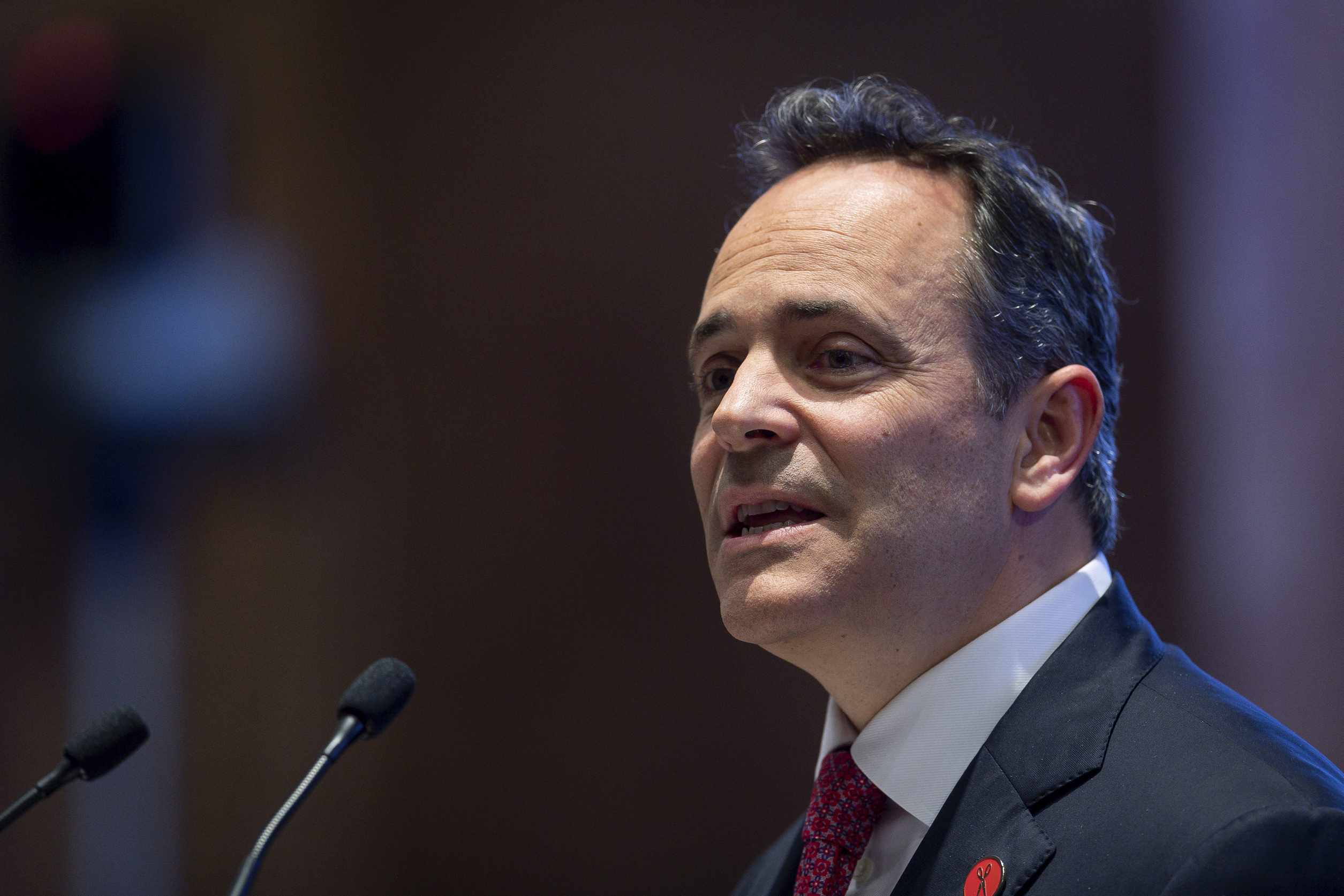 PHOTO: This Feb. 7, 2019, file photo shows Kentucky Gov. Matt Bevin delivering the State of the Commonwealth address to a joint session of the state legislature at the state Capitol in Frankfort, Ky.