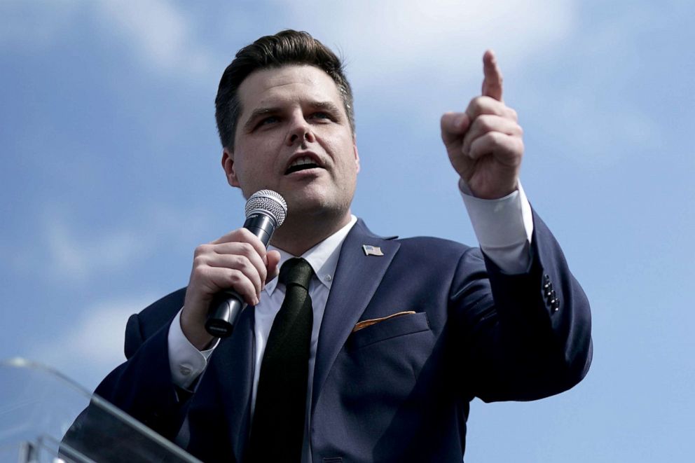 PHOTO: Rep. Matt Gaetz speaks during a rally hosted by FreedomWorks, September 26, 2018, at the West Lawn of the Capitol in Washington, DC.