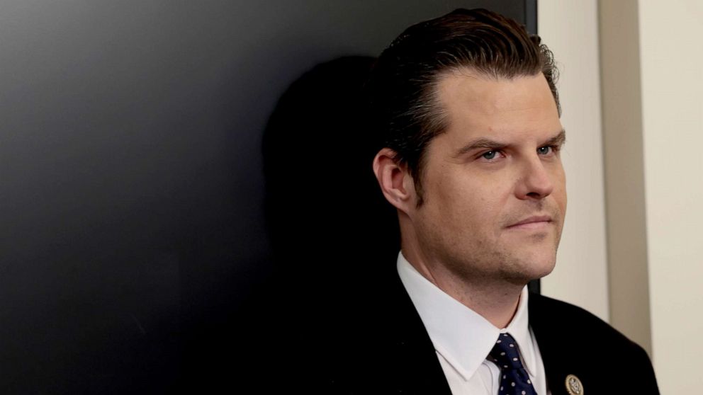 PHOTO: Rep. Matt Gaetz speaks at a news conference on Republican lawmakers' response to the anniversary of the January 6th attack on the U.S. Capitol, Jan. 6, 2022, in Washington, DC.