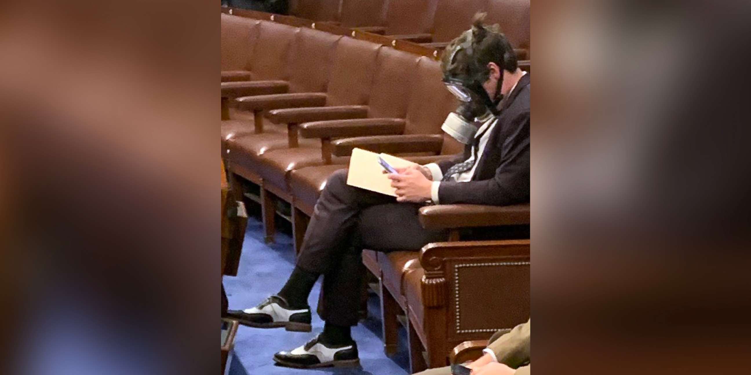 PHOTO: Rep. Matt Gaetz wears a gas mask on the House floor in Washington during a vote on coronavirus emergency funding, in a photo posted to Twitter by Rep. Jim Himes on March 4, 2020.