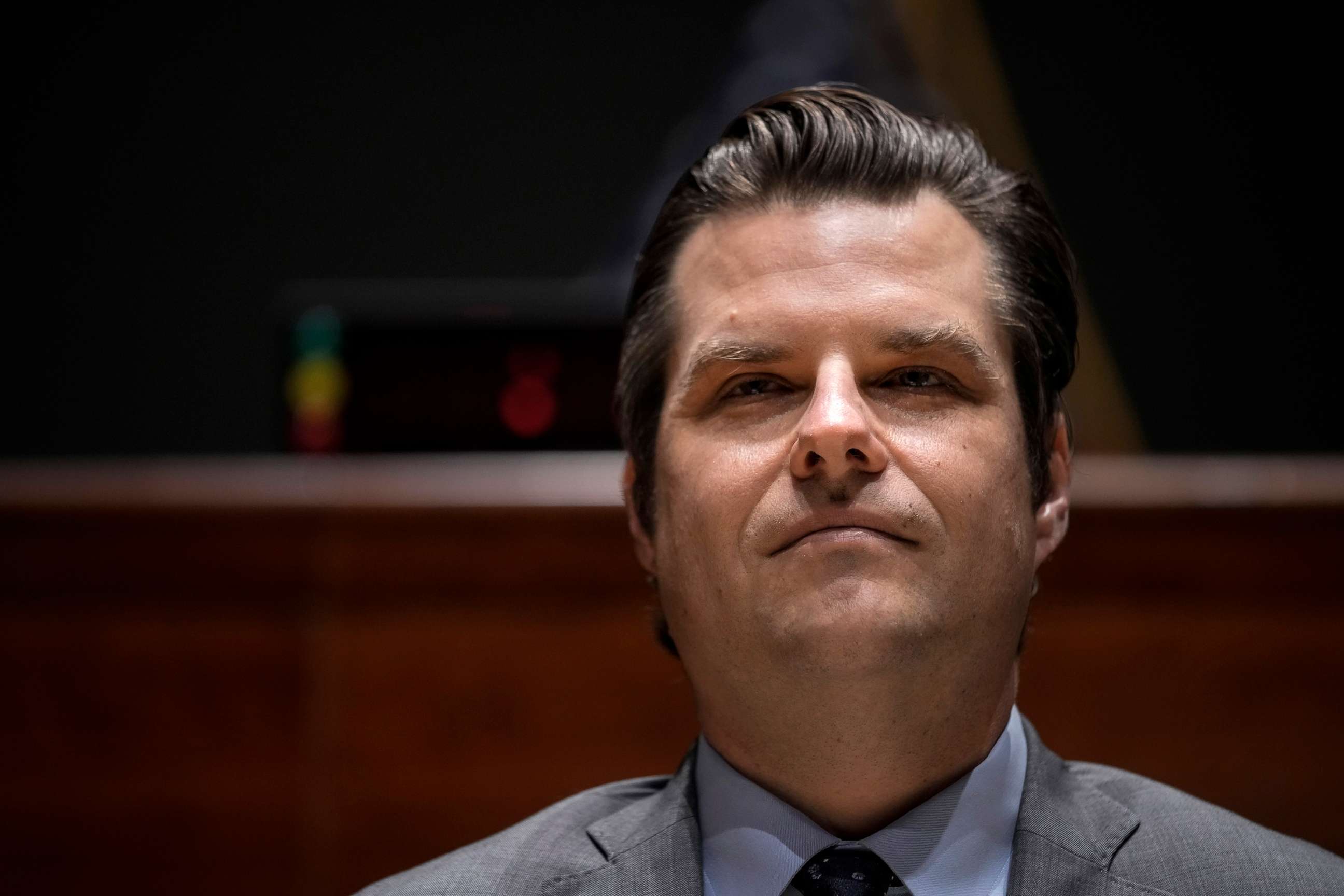 PHOTO: Rep. Matt Gaetz listens as FBI Director Christopher Wray testifies during a House Judiciary Committee oversight hearing on Capitol Hill, June 10, 2021, in Washington.