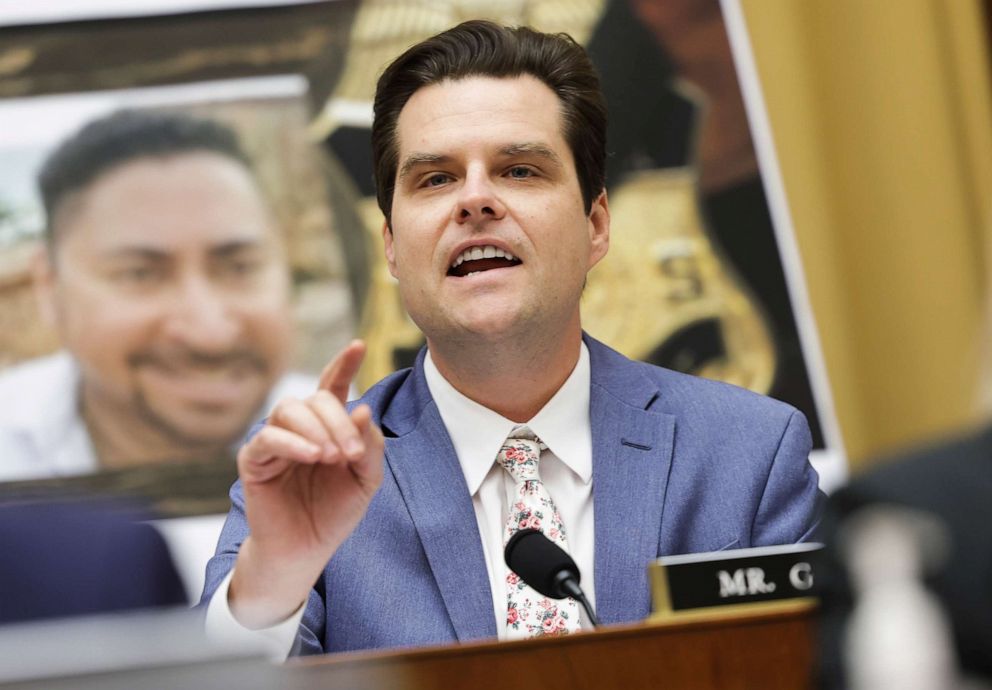 PHOTO: In this April 28, 2022, file photo, Rep Matt Gaetz questions U.S. Homeland Security Secretary Alejandro Mayorkas as he testifies before the House Judiciary Committee at the Rayburn House Office Building in Washington, D.C.