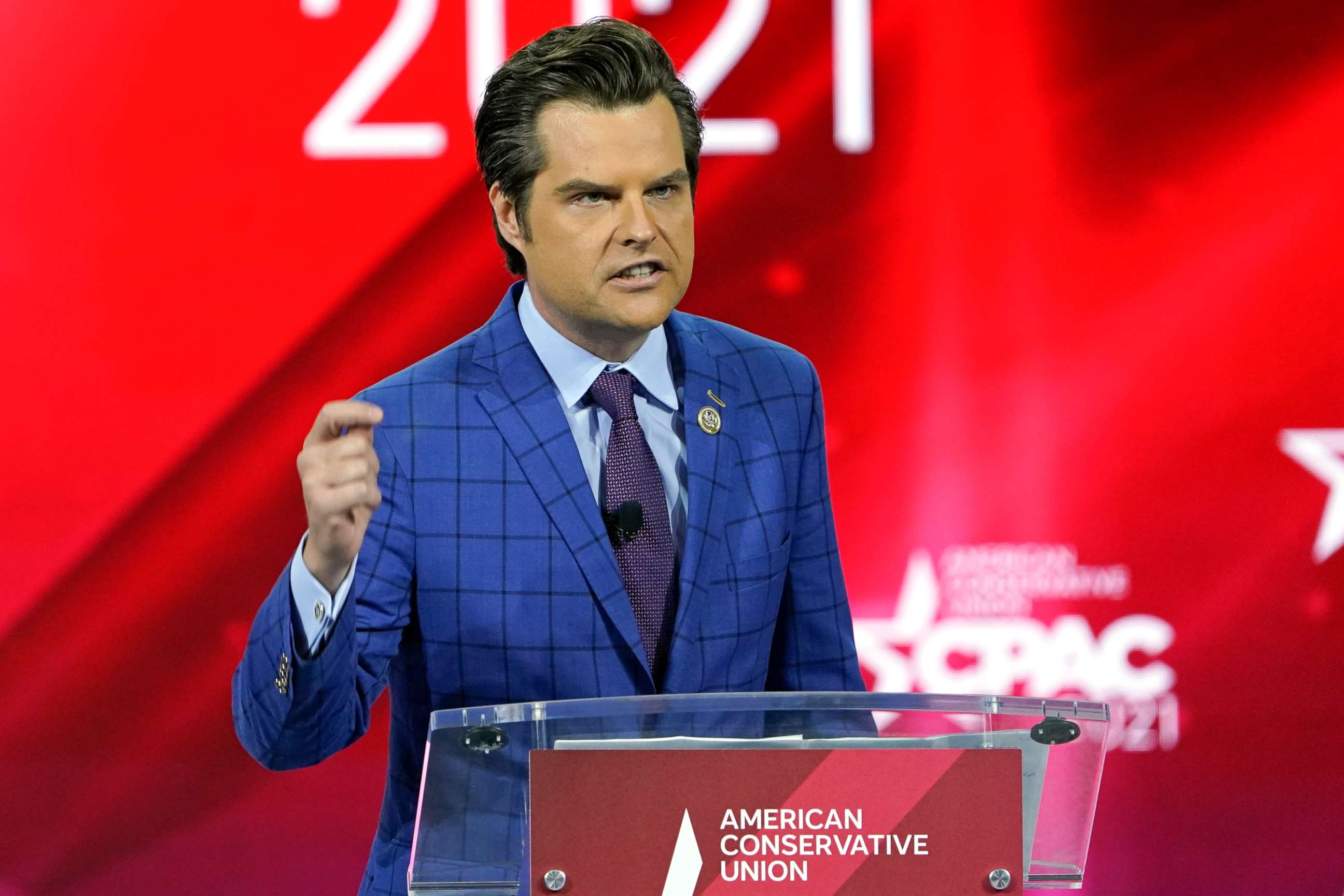 PHOTO: In this Feb. 26, 2021, file photo Rep. Matt Gaetz, R-Fla., speaks at the Conservative Political Action Conference (CPAC) in Orlando, Fla.