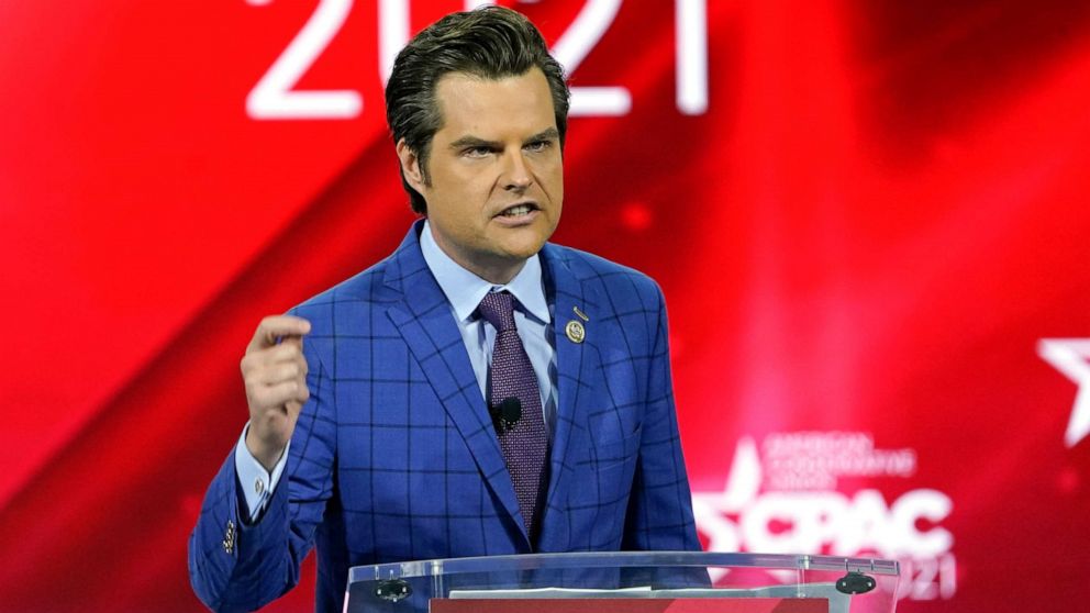 PHOTO: In this Feb. 26, 2021, file photo Rep. Matt Gaetz, R-Fla., speaks at the Conservative Political Action Conference (CPAC) in Orlando, Fla.