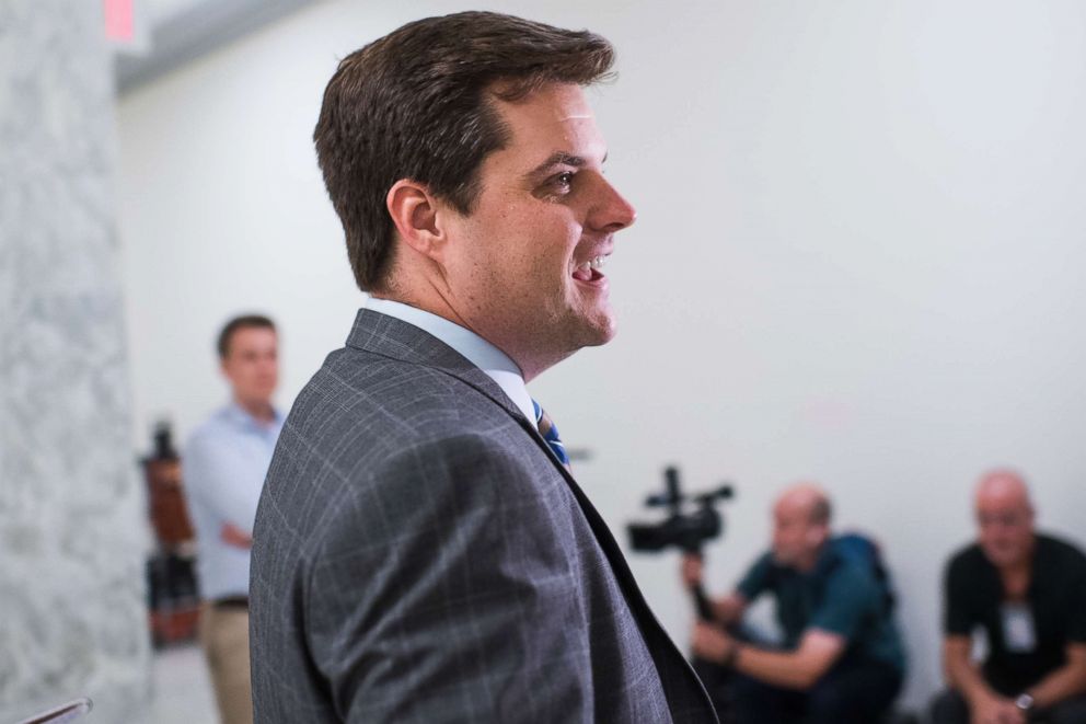 PHOTO: Rep. Matt Gaetz, R-Fla., makes his way to a meeting of the House Judiciary and Oversight committees in Rayburn Building where Bruce Ohr was being questioned about alleged bias against President Donald Trump on Aug. 28, 2018.