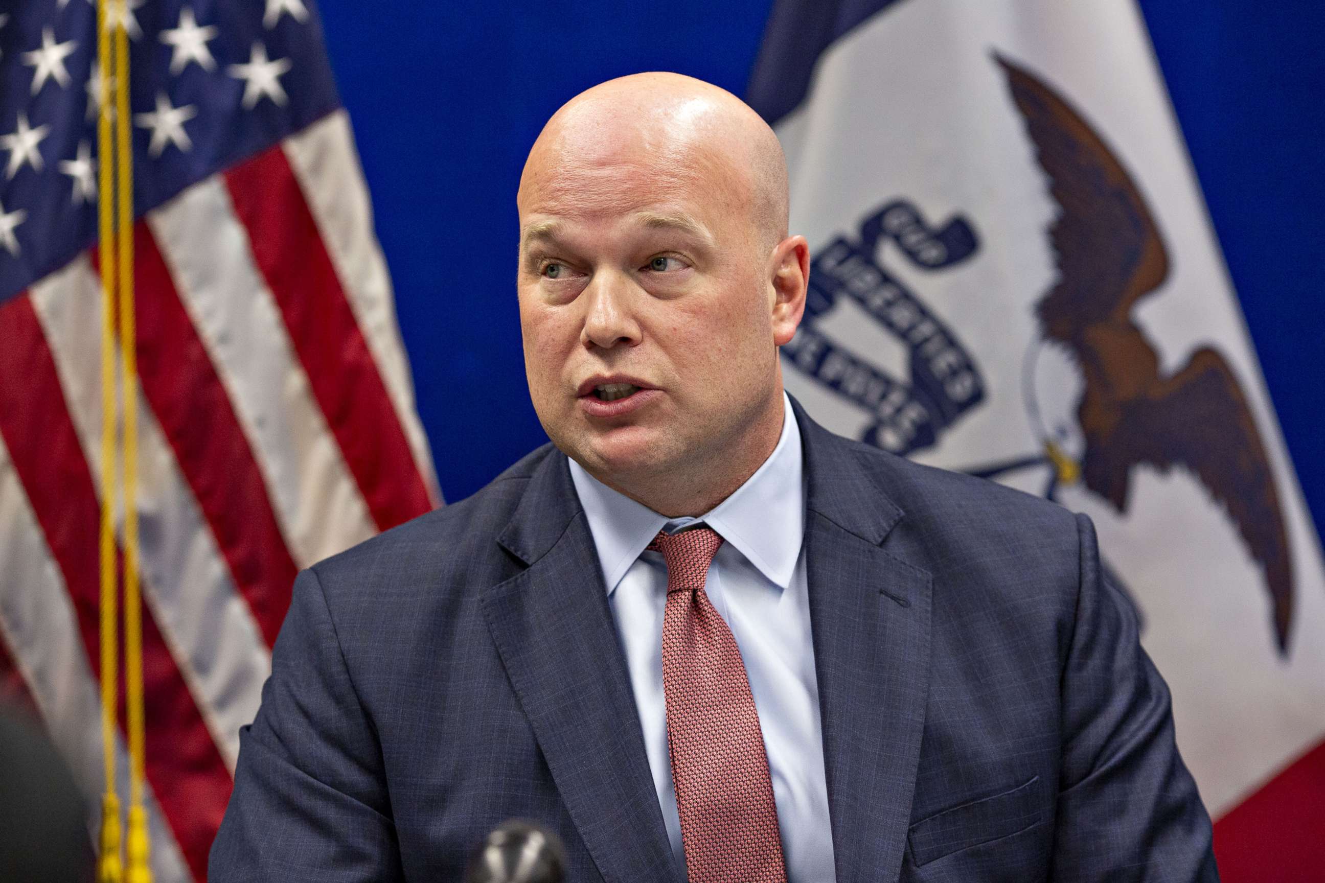 PHOTO: Matthew Whitaker, acting U.S. attorney general, speaks during a meeting with local law enforcement officers in the U.S. Attorney's Office for the Southern District of Iowa in Des Moines, Iowa, Nov. 14, 2018.