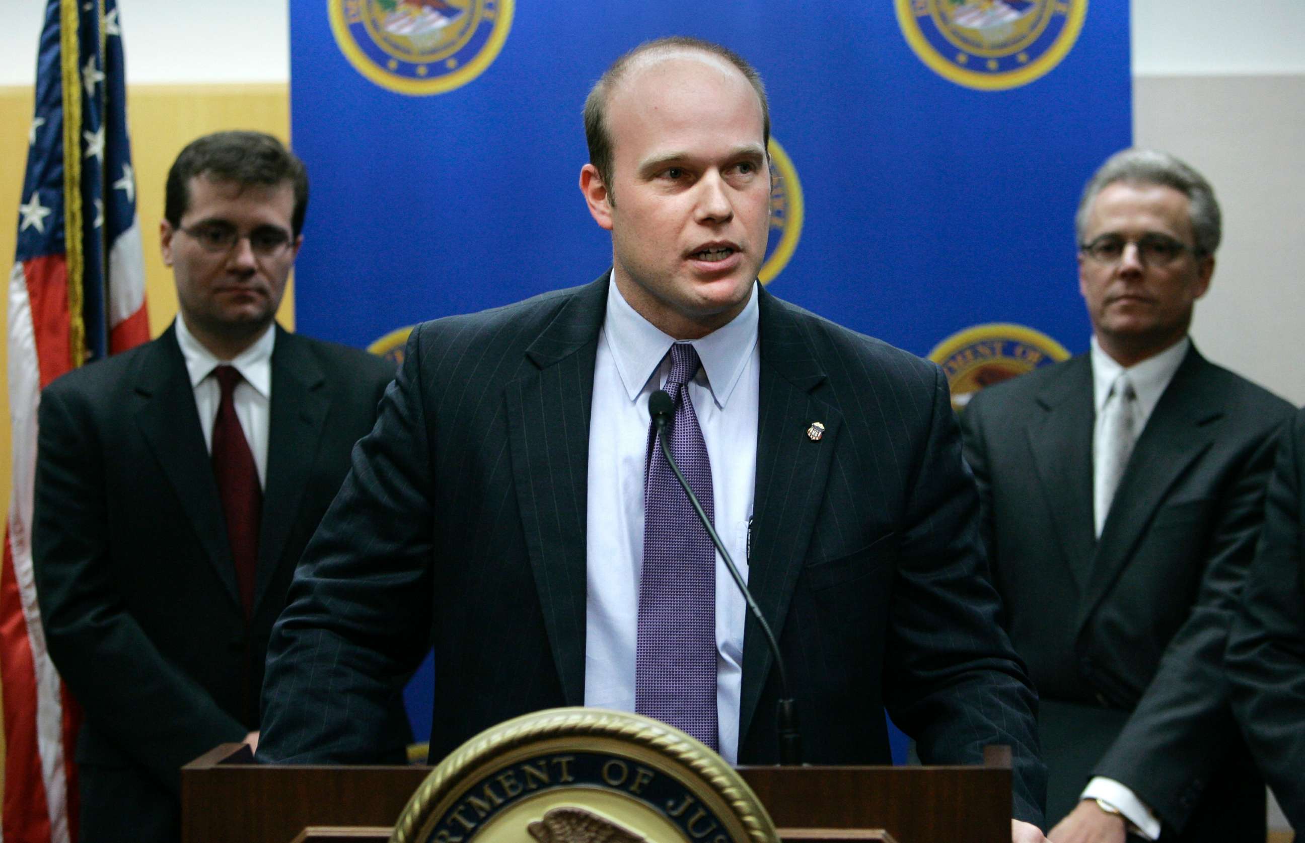 PHOTO: U.S. Attorney Matthew Whitaker speaks during a news conference, Jan. 16, 2007, in Des Moines, Iowa.