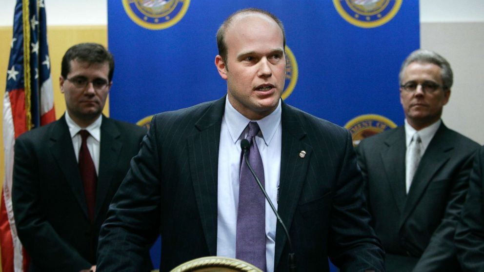 PHOTO: U.S. Attorney Matthew Whitaker speaks during a news conference, Jan. 16, 2007, in Des Moines, Iowa.
