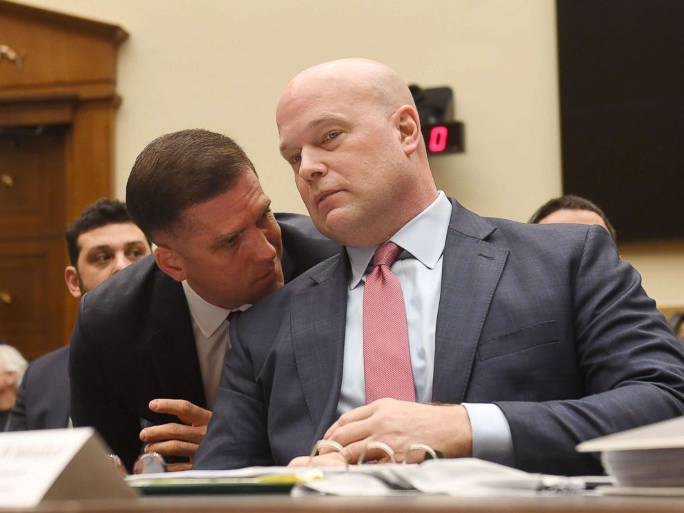 PHOTO: Acting Attorney General Matt Whitaker consults with a member of his staff before testifying at a House Judiciary Committee hearing on oversight of the Justice Department, at Capitol Hill in Washington, Feb. 8, 2019.