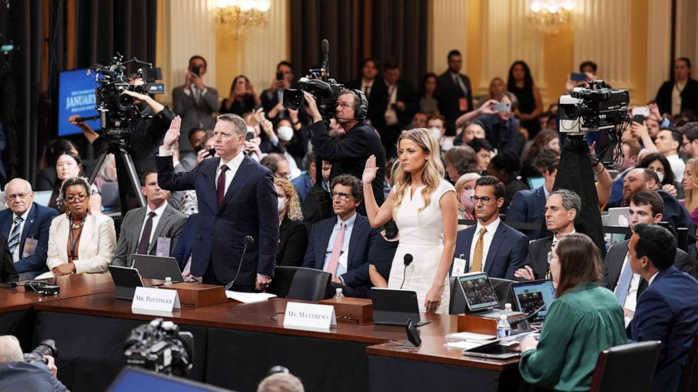 PHOTO: Former National Security Council member Matthew Pottinger and former Deputy White House Press Secretary Sarah Matthews are sworn in during a hearing by the House Select Committee in Washington, D.C., on July 21, 2022.