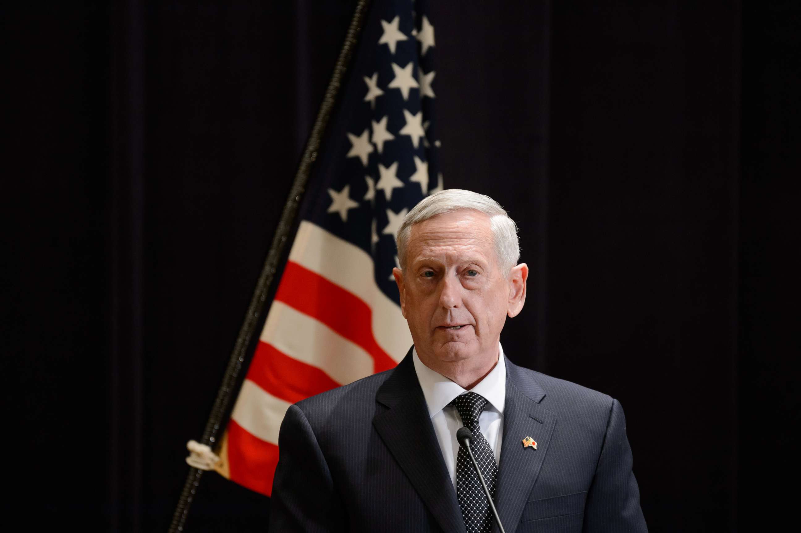 PHOTO: General James Mattis, U.S. secretary of defense, speaks during a news conference with Tomomi Inada, Japan's defense minister, not pictured, in Tokyo, Japan, on Saturday, Feb. 4, 2017.