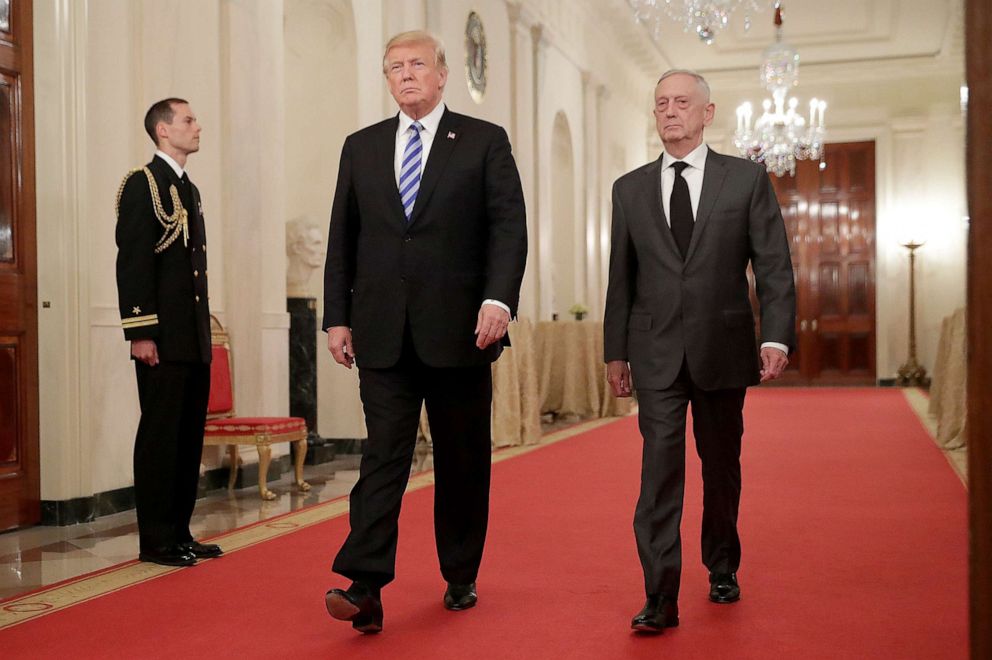 PHOTO: U.S. President Donald Trump and Defense Secretary James Mattis arrive for an event commemorating the 35th anniversary of attack on the Beirut Barracks in the East Room of the White House October 25, 2018 in Washington, DC.