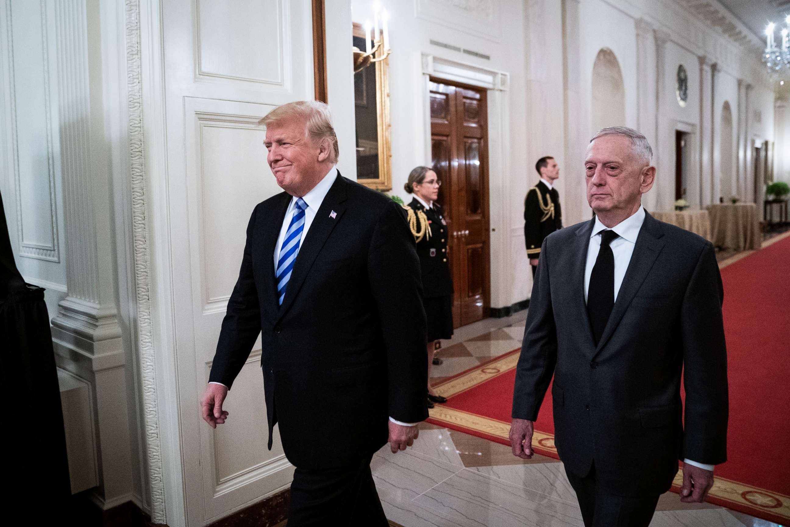 PHOTO: Donald Trump and James Mattis arrive to speak in the East Room of the White House on Thursday, Oct. 25, 2018 in Washington, DC.