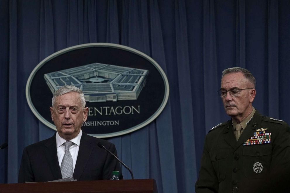 PHOTO: From left, Defense Secretary Jim Mattis and Chairman of the Joint Chiefs of Staff Gen. Joseph Dunford brief members of the media on air strike against Syria at the Pentagon April 13, 2018 in Arlington, Va.