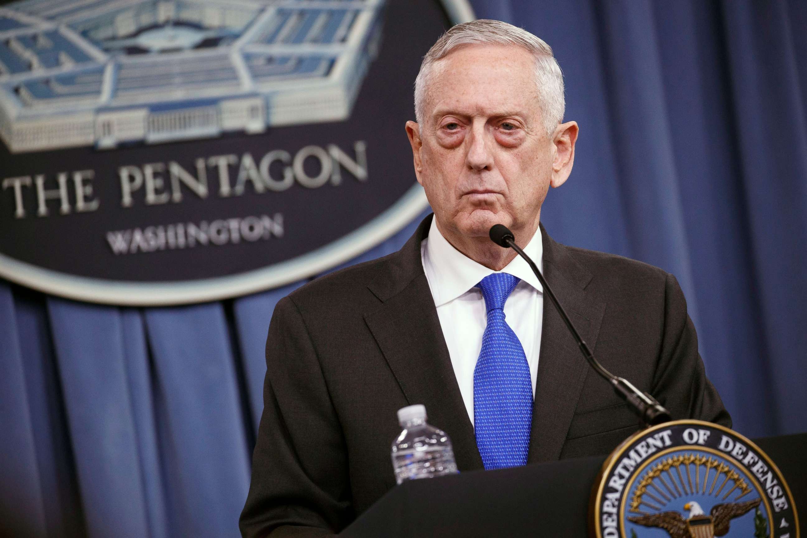 PHOTO: Secretary of Defense Jim Mattis speaks at a press conference at the Pentagon in Arlington, Va., Aug. 28,2018.
