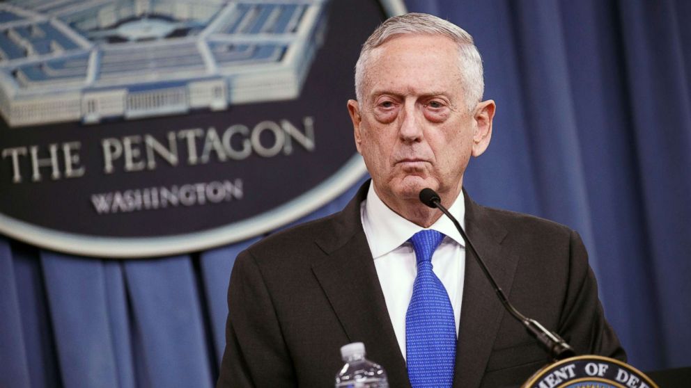 PHOTO: Secretary of Defense Jim Mattis speaks at a press conference at the Pentagon in Arlington, Va., Aug. 28,2018.
