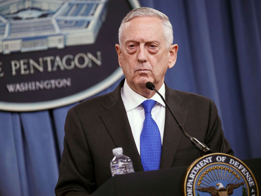 PHOTO: Secretary of Defense Jim Mattis speaks at a press conference at the Pentagon in Arlington, Va., Aug. 28,2018.