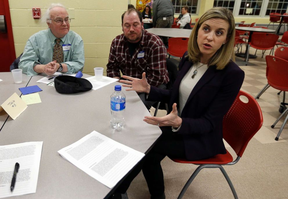 PHOTO: Maura Sullivan, candidate for U.S. Congress, speaks to potential voters at a candidates' forum in Rochester, N.H., April 5, 2018.