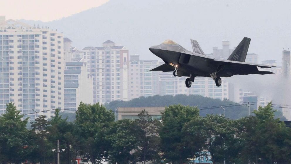 PHOTO: A U.S. F-22 Raptor stealth fighter jet lands as South Korea and the U.S. conduct the Max Thunder joint military exercise at an air base in Gwangju, South Korea, May 16, 2018.